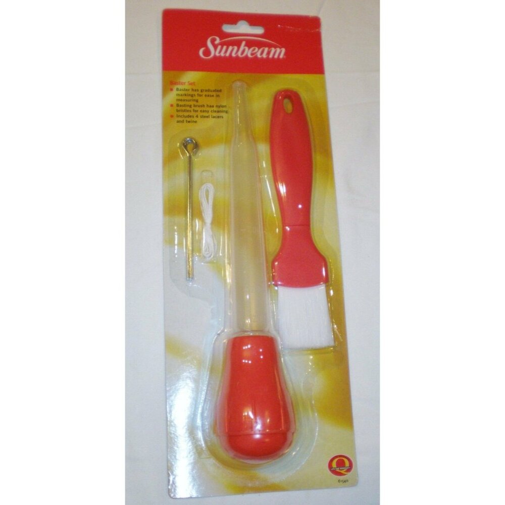 Red Kitchen Sunbeam Plastic Turkey Cooking Baster Basting Brush Set Lacers Twine